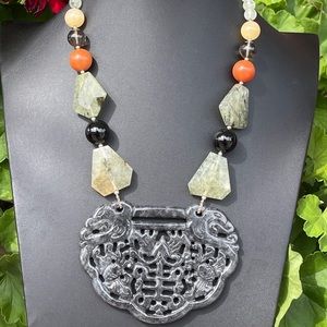 Large carved gray jade & multi gemstone necklace